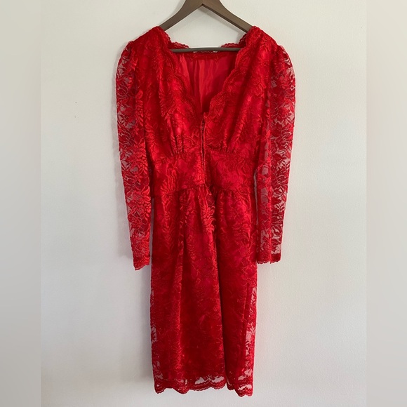 Vintage 70s/80s Red Lace Handmade Dress with Open V Back - Picture 2 of 6
